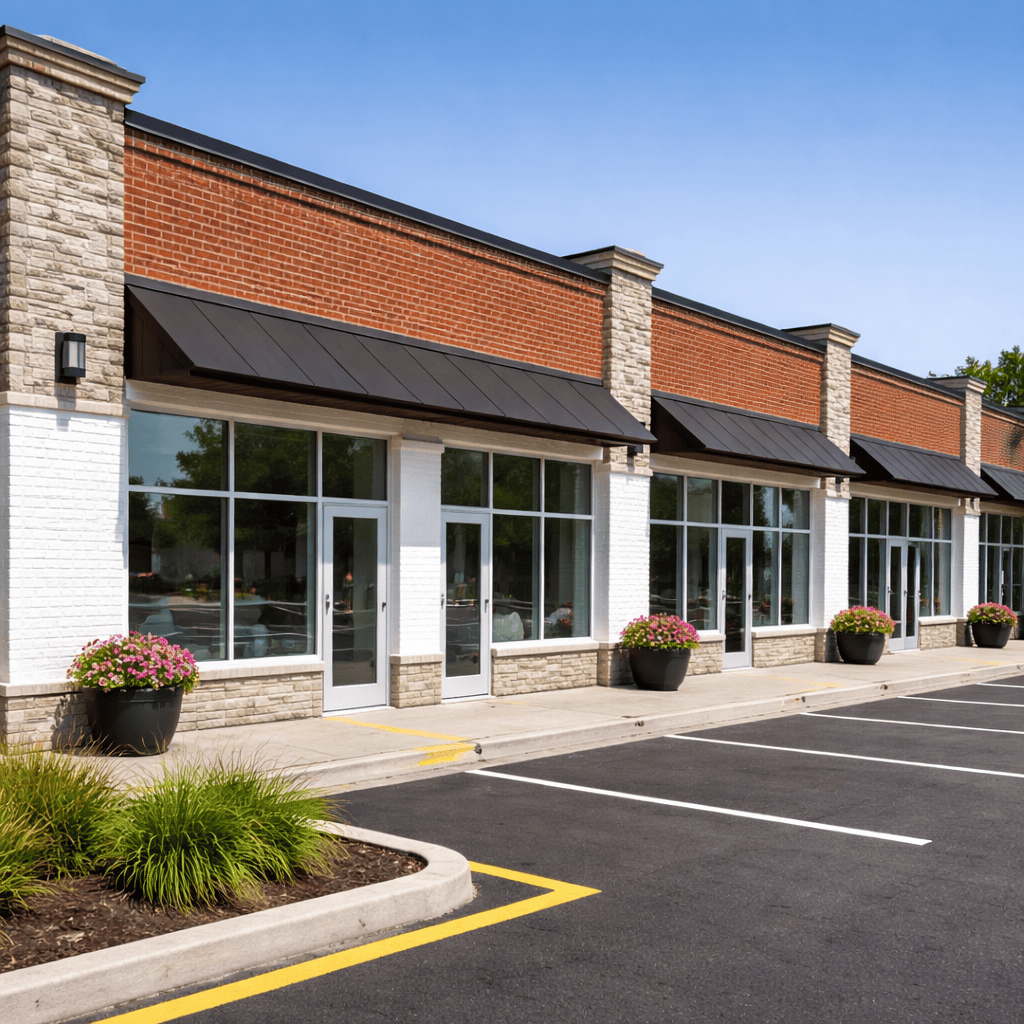 Commercial plaza facade with red brick, white masonry, stone columns, and storefront entrances