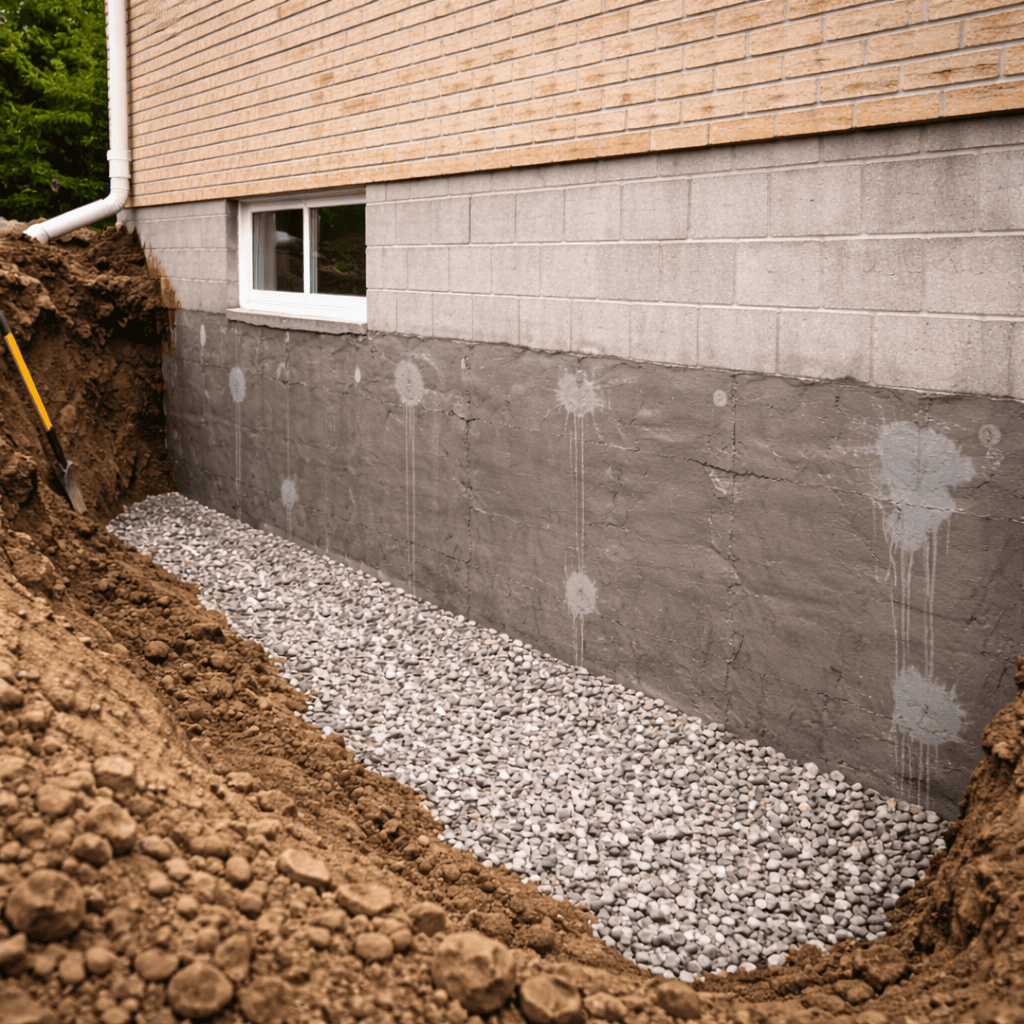 Excavated foundation wall beside a basement window with gravel and exposed soil along the base