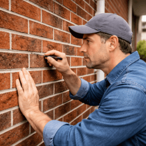 Homeowner inspecting mortar joints on a brick wall in the Greater Toronto Area