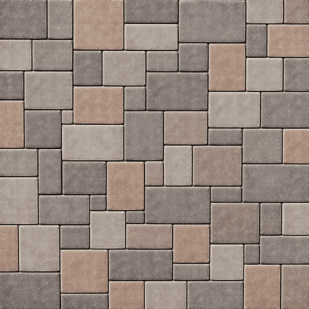 Random ashlar interlocking paver pattern in neutral stone tones