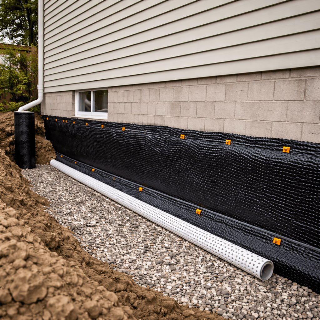 Exterior foundation wall with drainage membrane, perforated pipe, and gravel beside basement window