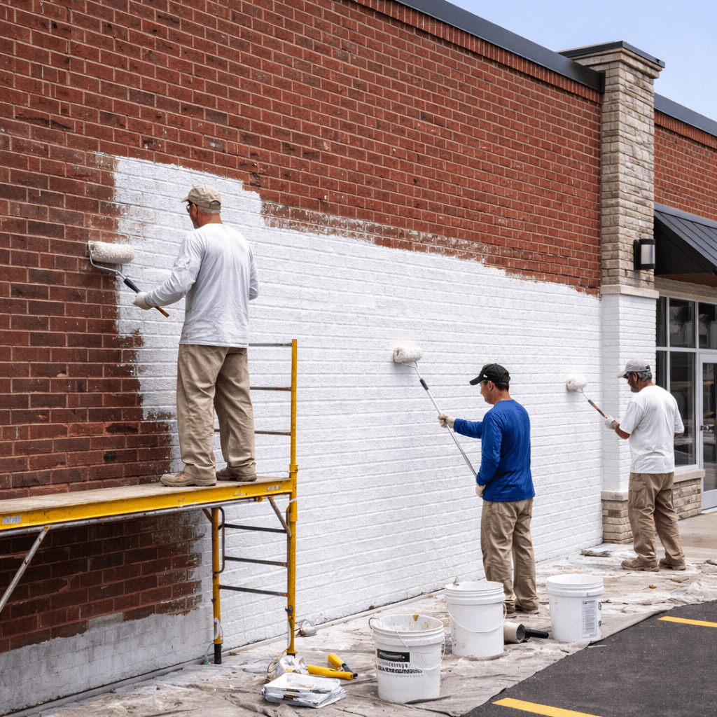 Workers roll white masonry coating across a commercial brick facade