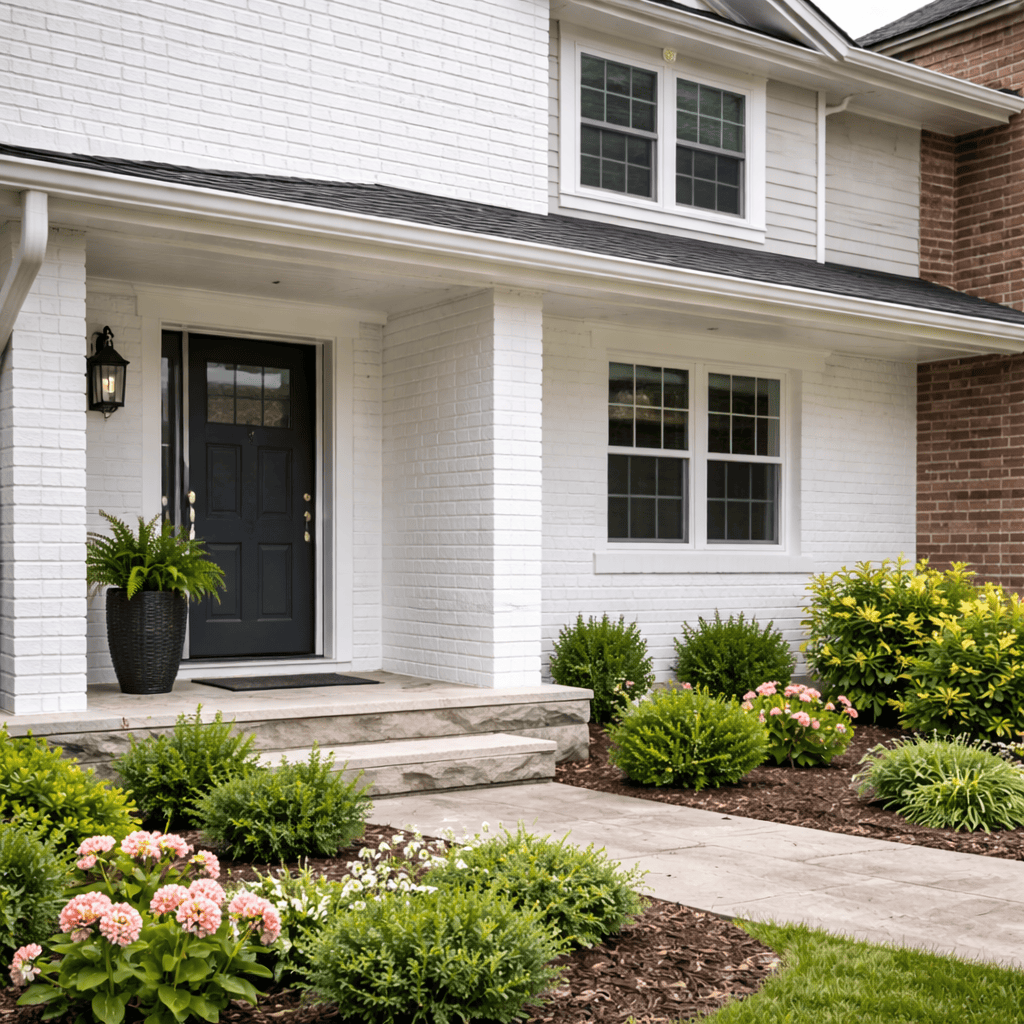 White-painted brick home entrance with black door, masonry steps, walkway, and landscaped garden beds