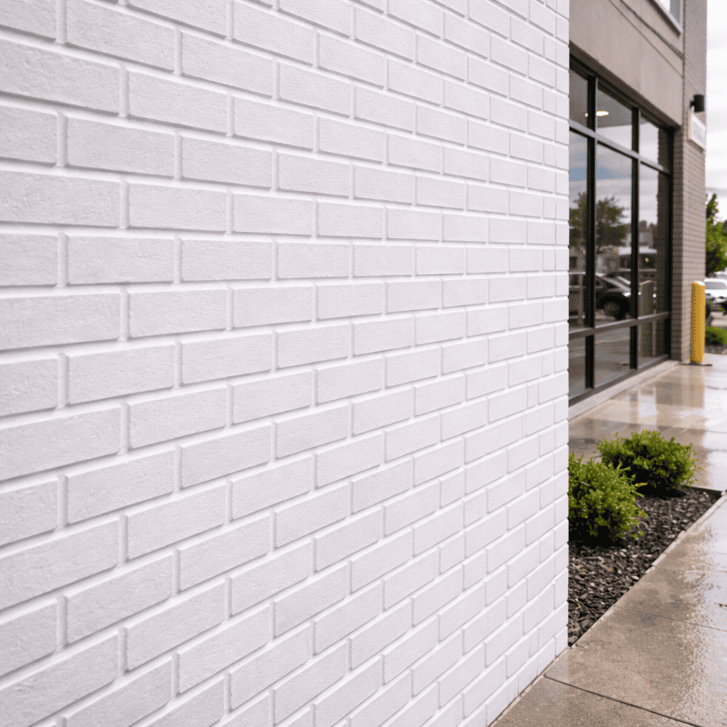 White-painted brick exterior beside a commercial entrance and landscaped walkway
