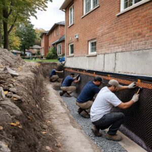 Crew-installing-waterproofing-membrane-on-foundation-wall-in-Unionville-Markham