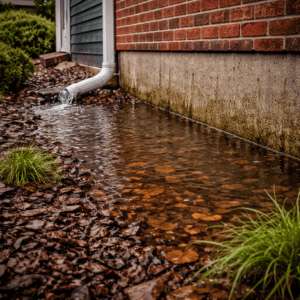Flooded foundation near red brick house