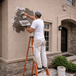Stucco contractor repairing exterior stucco wall at a Kleinburg home