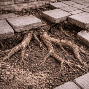 Tree roots lifting and separating interlocking pavers over exposed gravel