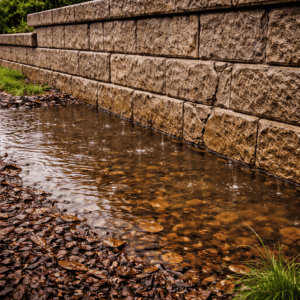 Water pooling by stone wall during rain