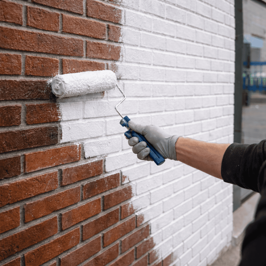 Worker applies white coating to a red brick wall with a paint roller