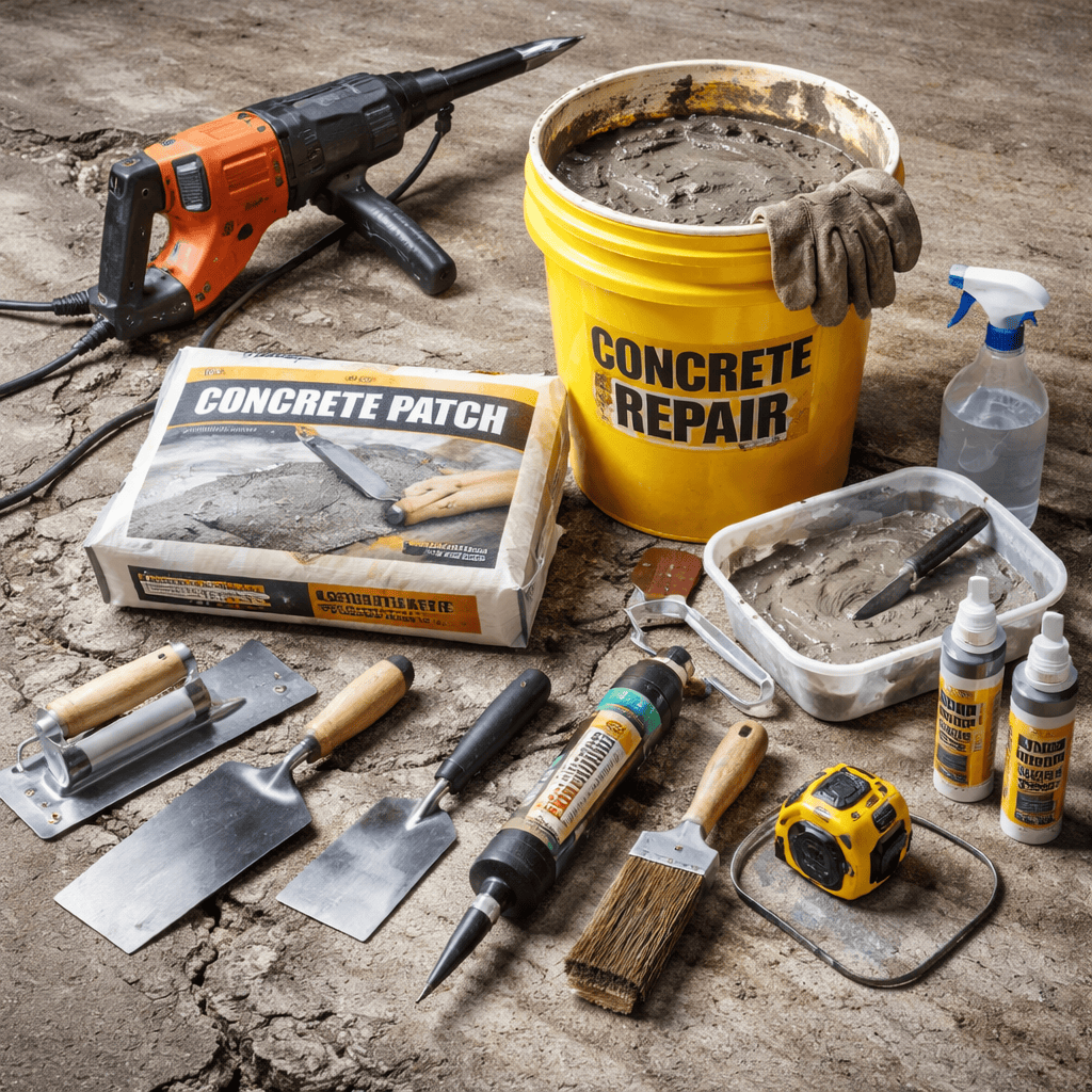 Concrete repair tools and supplies setup