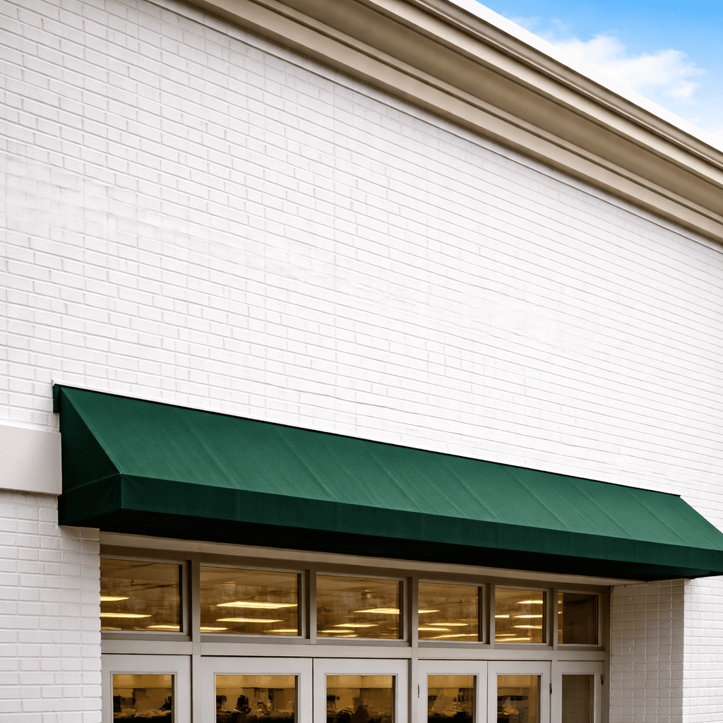 White-painted brick commercial facade above a dark green entrance awning