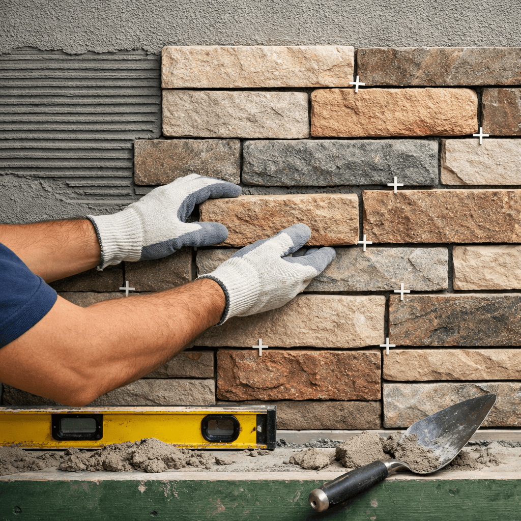 Mason positions stone veneer pieces over a combed mortar bed during wall installation