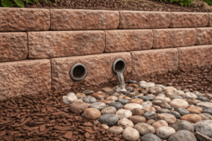 Water trickling from retaining wall holes