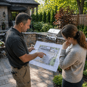 Professional masonry contractor reviewing outdoor kitchen layout and patio integration in a Toronto backyard