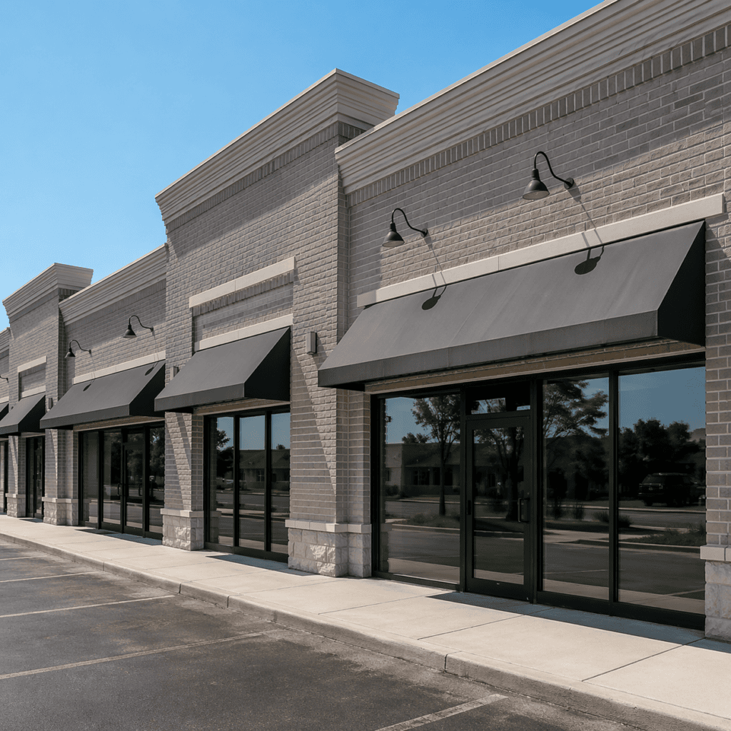 Gray brick commercial facade with storefront windows, dark awnings, wall-mounted lights, and light masonry trim