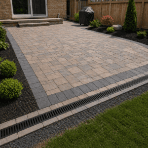 Toronto interlocking patio border with visible edge framing and well-planned drainage slope