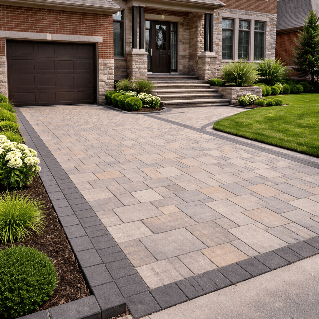 Interlocking paver driveway with contrasting border leading to stone-clad front entry steps