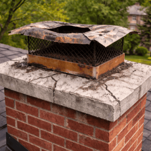 Close-up of a deteriorating brick chimney top with rusted cap and cracked crown in Toronto