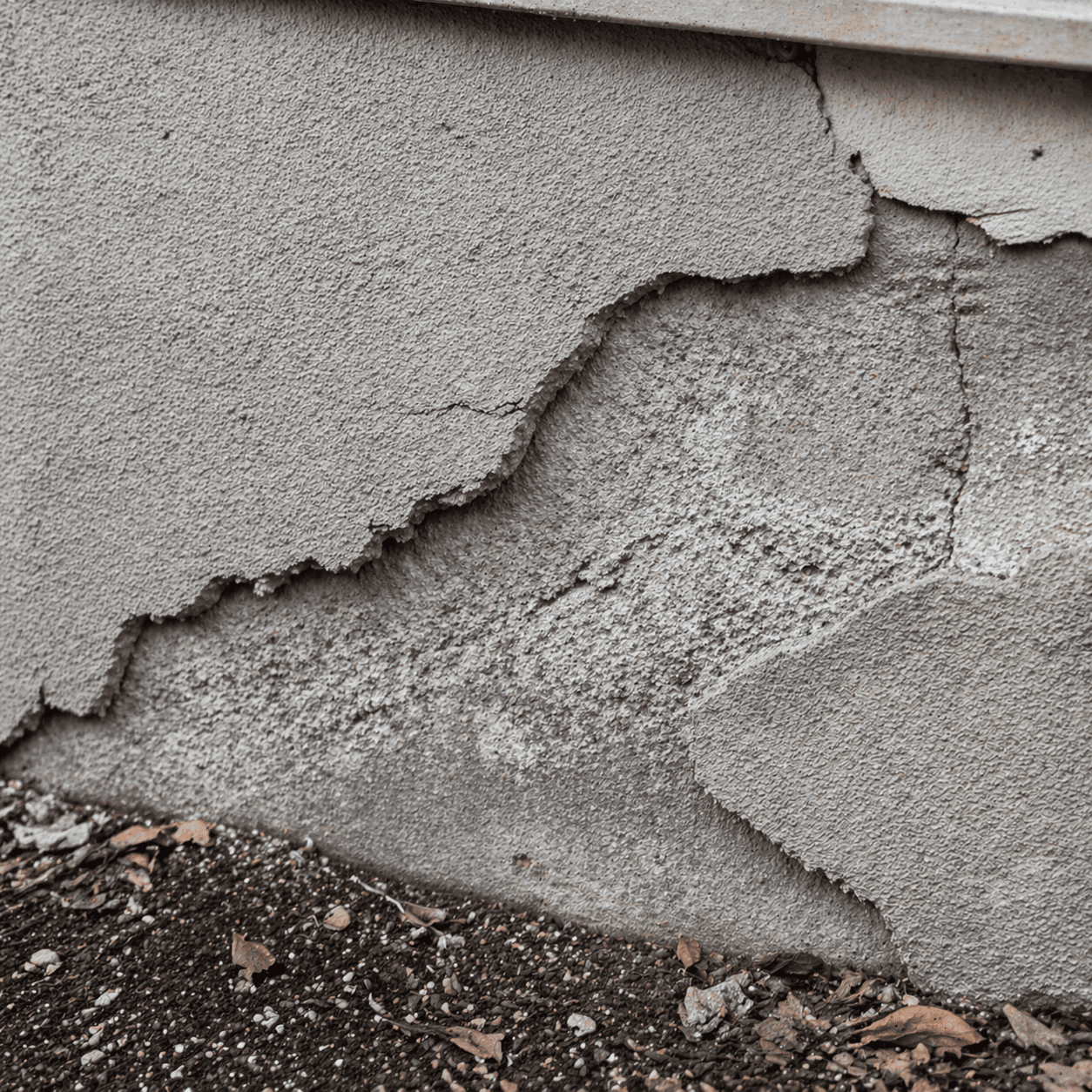 Cracked, peeling stucco exposing the rough concrete surface beneath