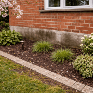 Toronto home exterior in spring with damp lower masonry and visible drainage-related staining near the foundation