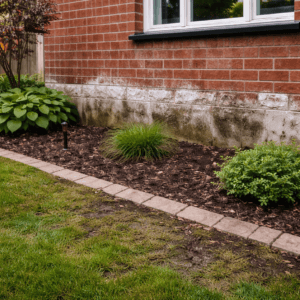 Toronto brick wall showing efflorescence and damp staining near the base of the home