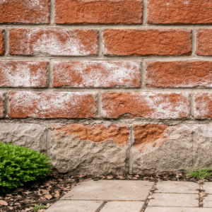 Toronto brick wall with heavy efflorescence, deteriorated mortar, and spalling brick near the lower section
