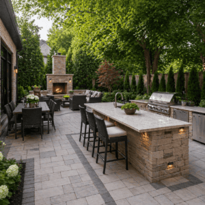 Outdoor kitchen masonry layout in a Toronto backyard with coordinated patio and clear circulation space
