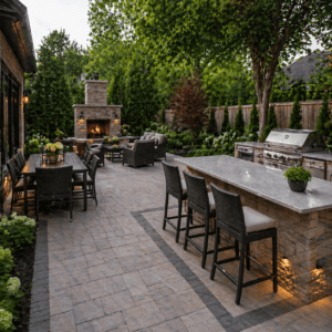 Toronto backyard outdoor kitchen with clear walkway, safe seating distance, and masonry cooking zone