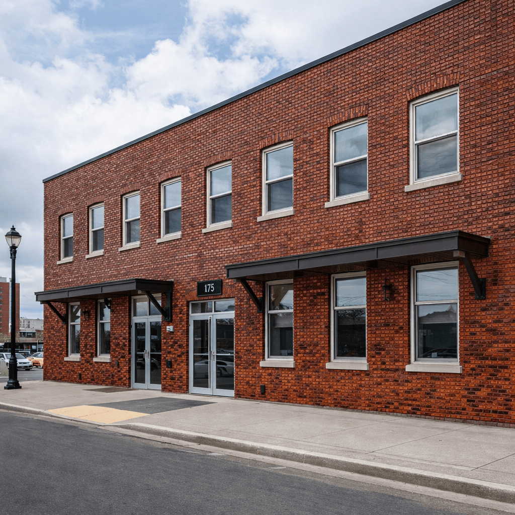 commercial brick building in Hamilton with fresh SurGuard coating on exterior masonry