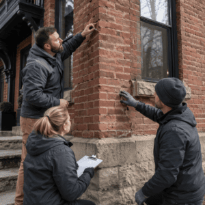 Professional masonry restoration team inspecting historic brickwork on a Toronto heritage-style home