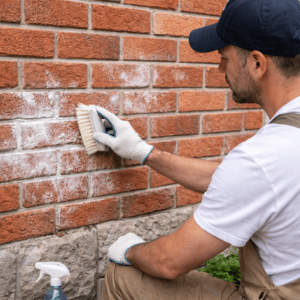 Professional mason gently cleaning efflorescence from a brick wall on a Toronto home