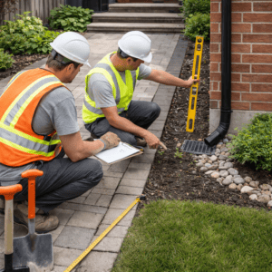 Professional masonry crew reviewing drainage around a Toronto home's brick foundation and walkway