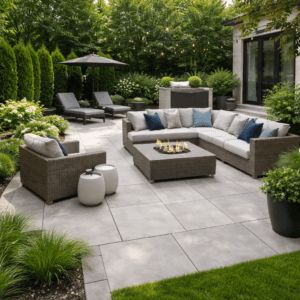 Modern Toronto patio with large-format concrete pavers in a clean backyard design