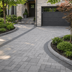 Toronto driveway and walkway with visible winter-ready paver layout and drainage-conscious design