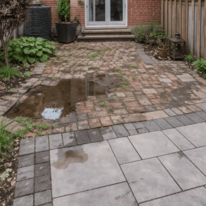 Uneven outdoor paver area beside a Toronto home showing poor material choice and drainage problems