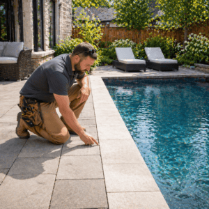 Professional masonry contractor reviewing poolside coping and paver layout in a Toronto backyard