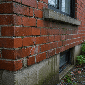 Toronto brick wall after a storm with visible cracked mortar, moisture staining, and signs of masonry deterioration