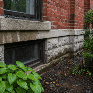 Lower brick wall and foundation area of a Toronto home after a storm with visible moisture inspection points