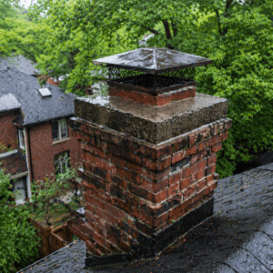 Toronto brick chimney after a storm with visible inspection focus on cap, crown, and upper masonry