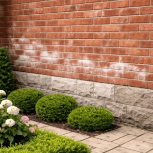 Toronto brick home with damp lower wall area and white efflorescence near the foundation