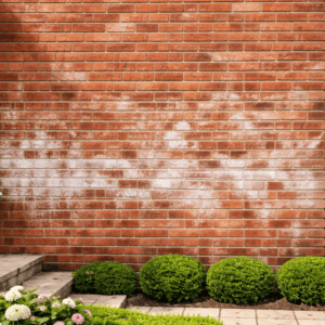 White efflorescence staining on a Toronto brick exterior wall near mortar joints