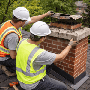 Professional masonry crew inspecting a brick chimney cap and crown on a Toronto home
