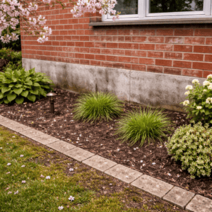 Lower brick wall of a Toronto home in spring showing visible winter wear and seasonal inspection conditions