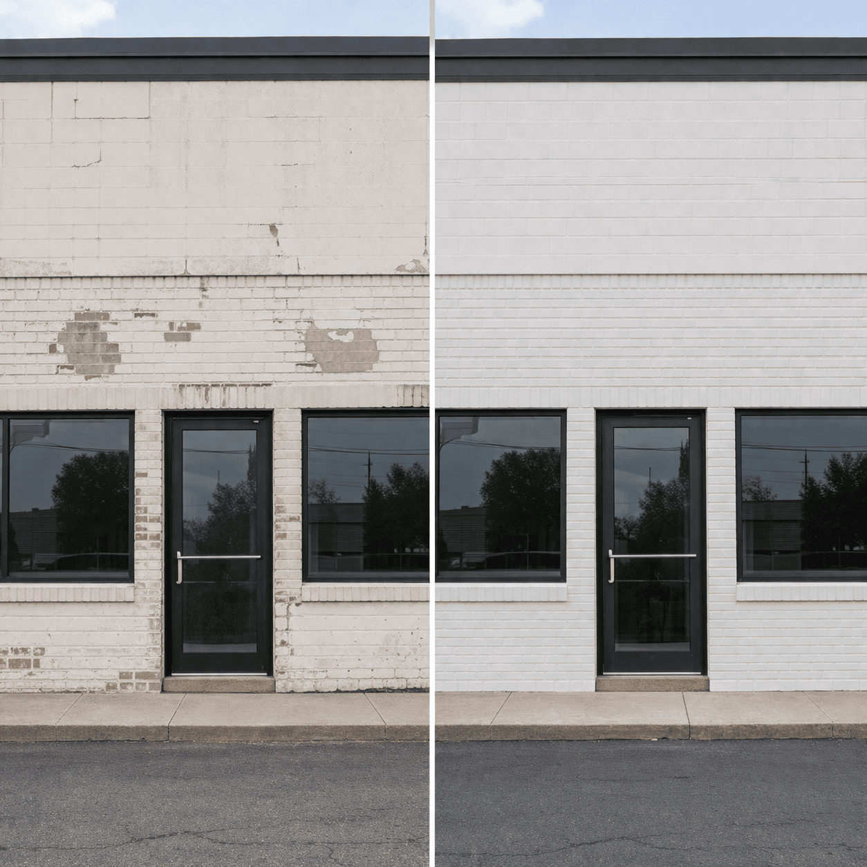 Before and after of faded or patched facade transformed into a cleaner, more consistent exterior