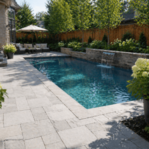 Toronto backyard pool area with stylish masonry design and clear safe walking zones