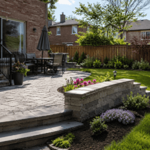 Toronto backyard in spring with masonry patio and retaining wall improvements