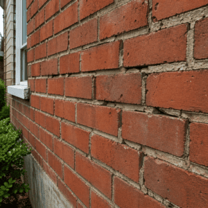 Toronto brick wall with cracked and recessed mortar joints showing signs of wear