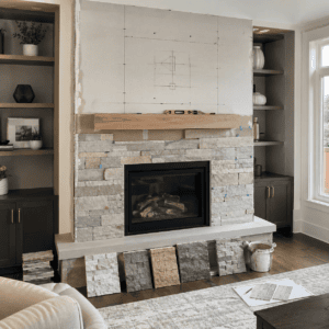 Toronto fireplace wall showing stone veneer installation planning around the firebox and surrounding finishes