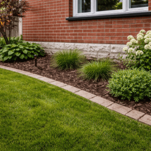 Lower brick wall of a Toronto home with grading that slopes away from the foundation